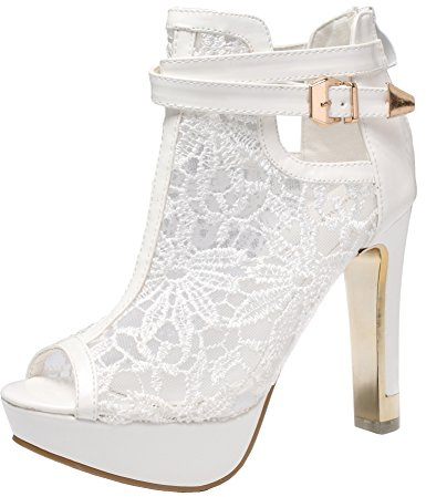 getmorebeauty Women's White Pretty Lace Flowers Open Toes High Heels Ankle Boots 8 US