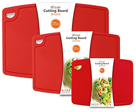 Liflicon Silicone Thick Cutting Boards Mats Set of 3pcs Foldable & Flexible Design Juice Grooves Easy Grip Handle Dishwasher Safe for Kitchen,BPA free Silicone Cutting Boards/Mats-Red