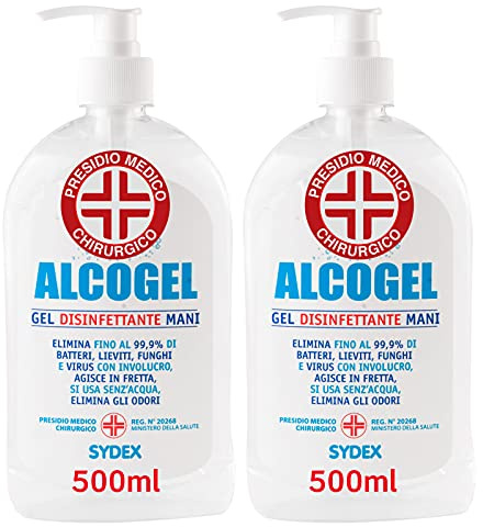 2 Flaconi da 500ml Gel Disinfettante Mani Professionale Igienizzante Antibatterico Presidio Medico Chirurgico Elimina fino al 99,9% di Germi Funghi Batteri e Virus. Produzione Italiana