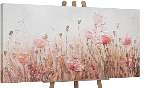 YS Tableau decoration murale salon peinte à la main Avril Art modern paysage d'été aux couleurs roses avec des gouttes d'or et des fleurs de prairie 160x80 cm