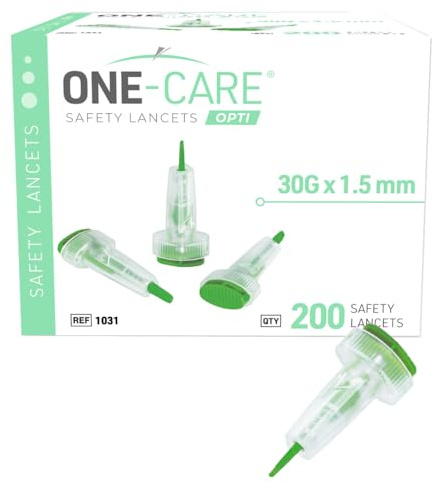 200 Count: ONE-CARE Opti Safety Lancets, Top Button Activated, 30G x 1.5mm, Auto-Retractable, Sterile, Single Use, Ideal for Blood Testing, Ultra-Thin for Comfort