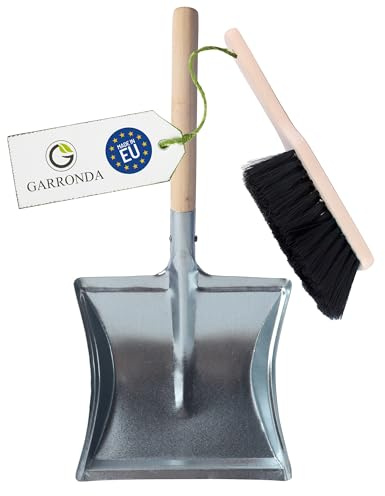 Garronda Set de Escoba y Recogedor Metálico con Mango de Madera – Cepillo Madera y Pala de Mano Resistente para Brasas, Polvo y Suciedad, Kit para el Hogar y Jardín GD-0010 (Negro + Plata)