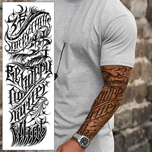 Lucky Quotes Temporary Tattoo Sleeve - Letters Writing Black Grey Realistic Waterproof Transfer Sticker Arm Body Art Men Women Kids 17cm x 48cm - By Delusion Tattoos