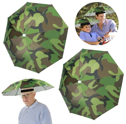 Realure 2 Pcs Head Umbrella Hats with Elastic Bands, Camo Funny Umbrella Hat, Mini Portable Hands Free Fishing Caps, Outdoor Sun Rain Hats for Women, Adult & Kids
