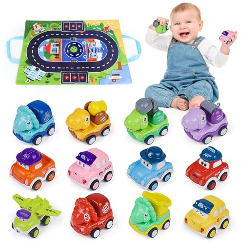 Norkbeng Auto Spielzeug 1 Jahr, 12 Stück Mini Aufziehauto spielzeugauto mit Spielmatte ab 2 3 Jahre Baby, Montessori Spielzeug Lernspielzeug ab 12-18 Monate Kinder, Geschenke für Jungen Mädchen