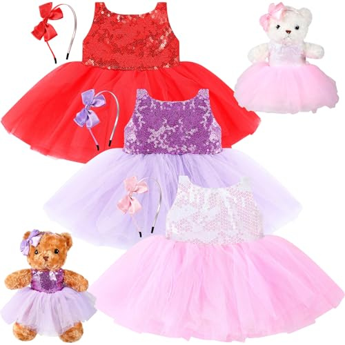 Relaxgiant 6 Pcs Bear Clothes with Bow Headbands Fit 12-16 Inch Dolls Stuffed Animals Bear Dress Tutu Skirt Accessories Make Your Own Stuffed Animals(Vibrant,Tutu)