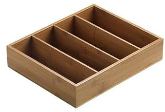 MAQA Cubertero y multiusos de bambú con 4 compartimentos, marrón (29x27,5x6 cm) - Ideal para organizar utensilios de cocina, suministros de oficina y objetos personales