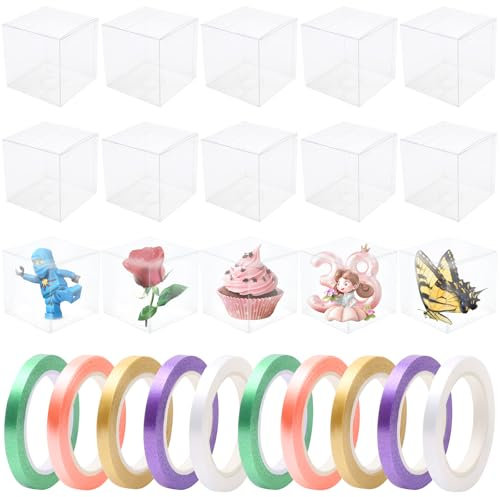 15 Pezzi Scatola Trasparente per Bomboniere, Scatole Plastica Trasparente per Regalo con Coperchio, Scatola Trasparente Piccola con 10 Nastro per Bomboniere, Caramelle, Feste di Nozze (9x9x9cm)