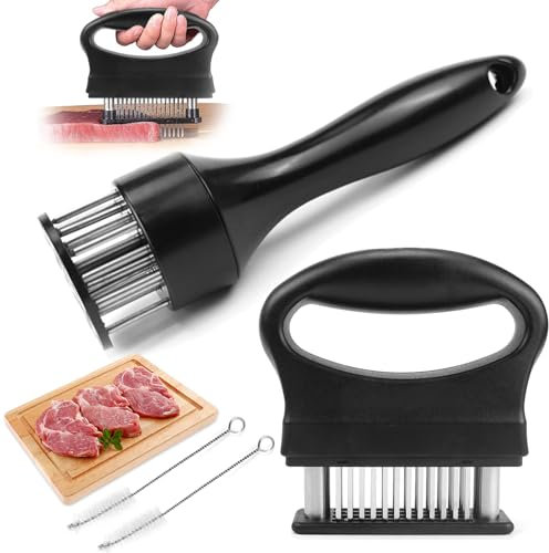 WPPQWP Attendrisseur de viande en acier inoxydable (rectangulaire et rond) avec 2 brosses de nettoyage, assouplisseur de viande Steaker Kitchen Aid, 48 lames et 21 lames, pour tendre le bœuf, le