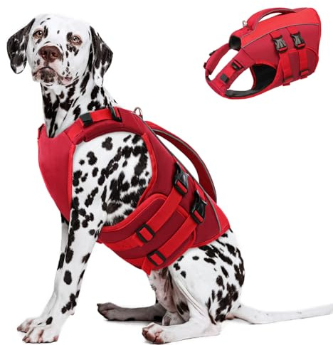 Qeenmore Gilet de Sauvetage pour Chien Taille XL - Rouge, Ripstop, Réglable, avec Poignée de Sauvetage, pour Chiens Grands