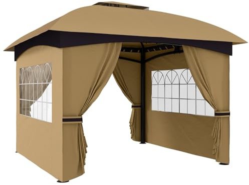 Outsunny Gazebo da Giardino 3.4x3.4 m con Pareti Laterali e Finestre, Gazebo da Esterno Resistente Protezione UV Tenda Tendone Padiglione per Feste con Tetto a 2 Livelli, Struttura in Metallo, Beige