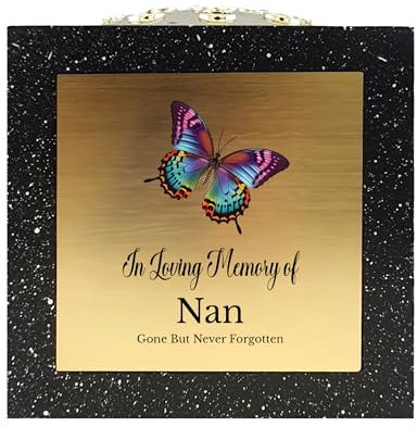 In Loving Memory Of Memorial Rose Bowl Grave Marker Flower Pot Vase With Butterfly Design Mum Dad Gran & Lots More Black/Gold (UV PRINTED) (Nan)
