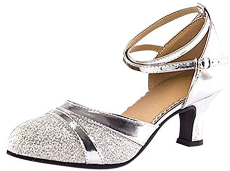 Festliche Schuhe Damen, Pumps Damen 37 Latein Spitze Spangenpumps High Heels Bequem Slingback Tanzschuhe Sandalen Elegant Blockabsatz Riemchenpumps mit Absatz Silber Stöckelschuhe Ballschuhe