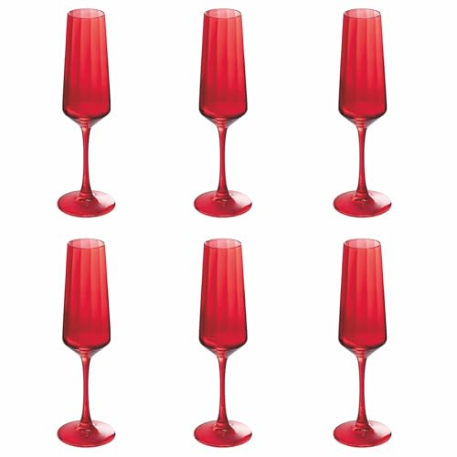 Villa d'Este Home Tivoli 1996 Set 6 flûte 250 ml in vetro, lavorazione righe verticali, rosso, Optic