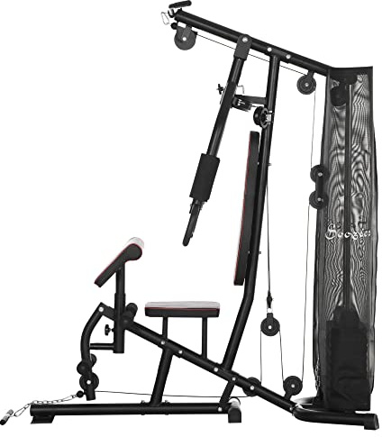 HOMCOM Multiestación Musculación Máquina de Musculación con Placas de Peso de 45 kg Polea y Prensa de Piernas y Pecho Carga 150 kg para Gimnasio Entrenamiento en Hagar Negro