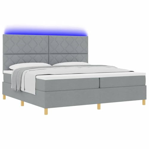 vidaXL Boxspring Säng Med Madrass & LED Ljusgrå 200X200 cm Fläckresistent Huvudgavel För Sovrumsinredning Topp Madrass Diamantblock Geometriskt Mönster Texturerat Tyg Hem