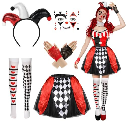 5 PCS Halloween Clown Costume Women, Clown Headband Face Tattoos Fish Net Gloves Harlequin Knee High Socks Tutu Skirt, Harlequin Jester Costume Women Accessories for Halloween Carnival Cosplay Party