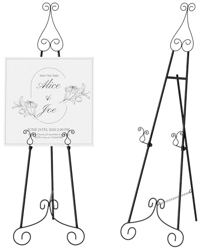HAITRALBlack Easel Stand for Sign, Adjustable Display Easel Stand with Chain Support, Heavy Duty Metal Easel forWeddingSign,Art,Pictures,Paintings,55 H Welcome Poster Stand Sign Holder Floor Décor