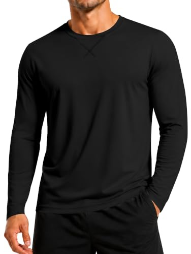 Herr 1 eller 3-pack bomullströjor, långärmad rund hals avslappnade t-shirts, klassisk normal passform tröja träning löpning gym toppar, X-1pack: Svart, L