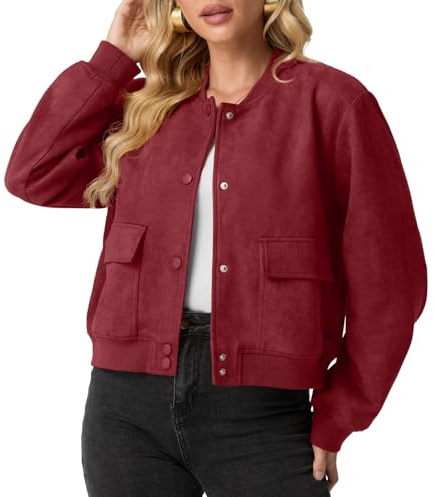 GRECERELLE Chaqueta bomber para mujer, chaqueta de ante de manga larga, corta, corte otoñal, chaqueta de entretiempo con cierre de botones, diseño vintage, 2 bolsillos y puños elásticos en mangas