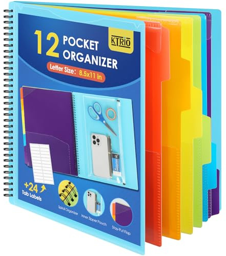KTRIO 12 Pocket Poly Project Organizer, Spiral Binder Organizer Multi Pocket Folder with Dividers, Back Cover Utility Pouch, Letter Size School Supplies,Blue