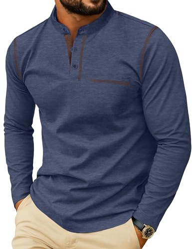 PrinStory Henley skjorta för män bomull långärmad t-shirt rund hals klassisk t-shirt knapp topp med framficka