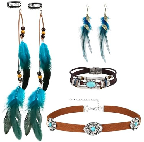 Henjunu 4 Piezas Tocado Indio Boho Conjunto,Clips de Pelo Pluma,Pendientes De Plumas,Collar de Gargantilla de Cuero Marrón,Pulsera Hecha Mano Vintage,Joyas Bohemios,Hippie Tribal Fiesta de Disfraces
