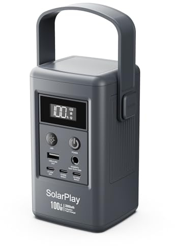 SolarPlay Q100 Estación de Energía Portátil de 100 W, Pequeño Generador con Tomas de Corriente/CC/luz LED/USB, Batería Externa de 92,5 Wh para Acampadas, Respaldo Doméstico y Cortes de Emergencia