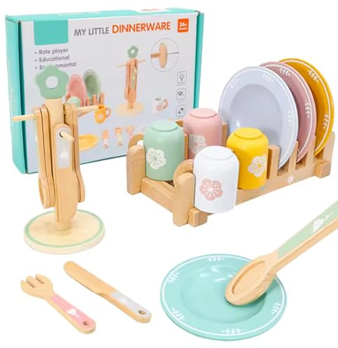 Accessoires de cuisine de jeu en bois faisant semblant Montessori vaisselle jeu amusante pour enfants cuisine vaisselle colorée, tasses et égouttoir pour filles garçons 3 ans et plus