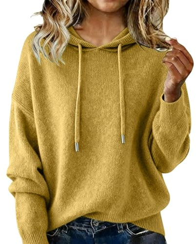 Mysig kashmirtröja för kvinnor, stickad huva, vinter, oversize, lätt med dragsko, GUL, S