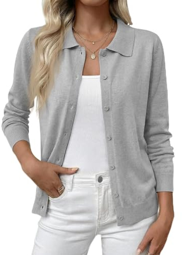 Cicy Bell Chaqueta de punto para mujer, corta, ligera, manga larga, cárdigan fino, elegante, cuello redondo, informal, básico, chaleco de punto con botones