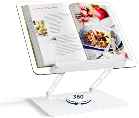 HAUTOCO Support de livre réglable en acrylique rotatif à 360° avec clips latéraux élastiques, support de lecture pliable pour recettes, partitions, tablette, ordinateur portable, bible, école, cuisine