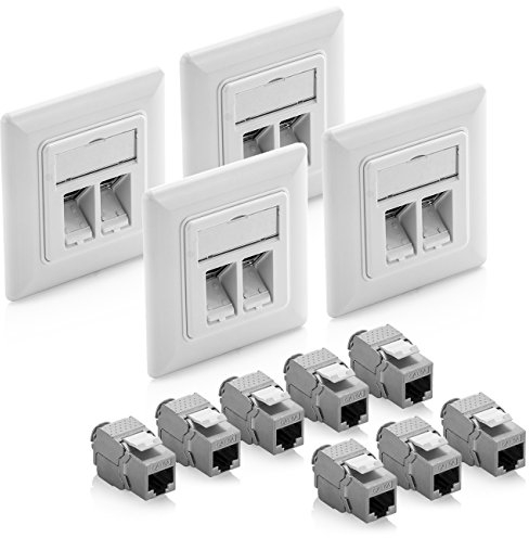deleyCON 4x Keystone Dose Netzwerkdose Datendose Unterputz + 8x CAT 6a Keystone Jack Modul RJ45 Buchse - CAT Netzwerk Verlegekabel vollgeschirmt Weiß