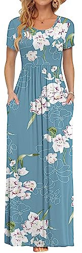AUSELILY Maxi Dress for Women - Summer Casual Long Dresses for Ladies with Pockets L Floral Light Blue