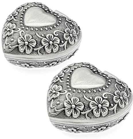 JZK 2x Pequeña Caja baratija terciopelo metálico con tapa, caja anillo tallada estilo victoriano, pequeña caja regalo vintage de recuerdo joyería en forma corazó caja almacenamiento de pendientes