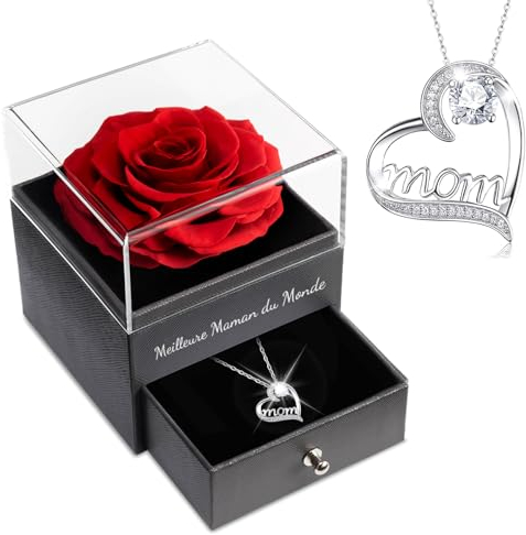 Sunia Cadeau Maman, Rose Eternelle avec Bijoux avec Argent 925 Collier, Meilleure Maman du Monde, Collier Anniversaire Femme, Coffret Rose Eternelle, Varie Fleur Préservée Cadeau Anniversaire Noel