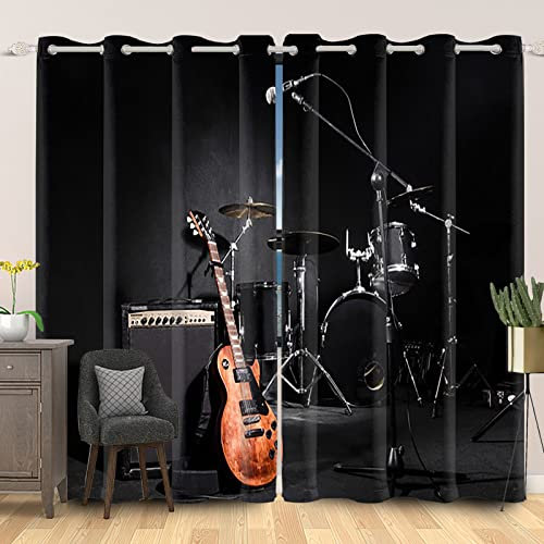 SDOTPMT 132x214cm Acústico Guitarra Cortina de Ventana Guitarra Tambor Estallido Musical Instrumentos Cortinas de Ventana Música de Amor Negro Cortinas Opacas para Salón Dormitorio, 2 Paneles