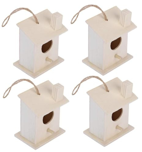 Cyrank Casa Pajaros Exterior de Madera, 4pcs Casita Pajaros Exterior Casas de Pájaros de Madera para Exteriores de Madera Colgante Casa de Pájaros para Pequeños Nidos de Pájaros Colgantes Ornamento