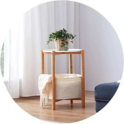 FLBT Tavolo Laterale Rotondo, Armadio Divano Tavolo Snack con Vassoio Rimovibile Cestino Portaoggetti Inferiore, Tavolo Telefono per Soggiorno Balcone/+ Bianco/44,8 * 44,8 * 54 Cm Needed