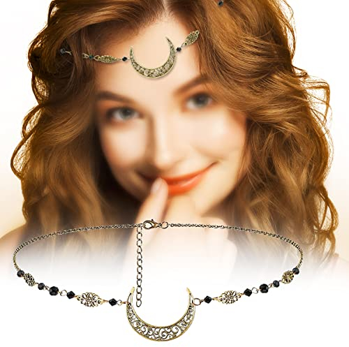 Kopfschmuck, RosyFate Kopfkette Boho Mond, Vintage Kopfschmuck, Boho Kopfschmuck Mond mit Schwarz Perlen Ausgehöhlten Dekorativen, Gothic Accessoires, für Frauen und Mädchen