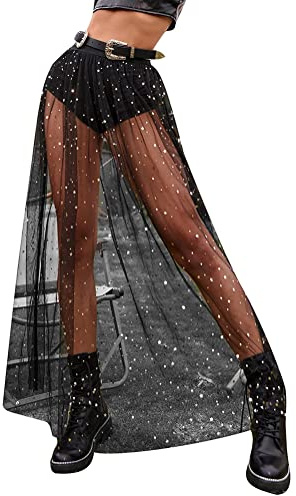 ORANDESIGNE Gonna di Tulle da Donna Lungo Copricostume Donna Curvy Copri Costume da Spiaggia Beach Wrap Sarong Nappe Copribikini Costume da Bagno Bikini Cover Up A Nero XS