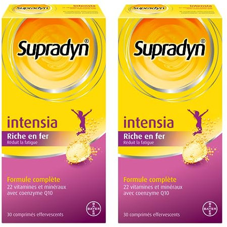 Supradyn Intensia - Multivitamines dont vitamine C, Vitamine D, Minéraux (Fer,Magnésium, Calcium) et coenzyme Q10 - Aide à réduire la Fatique - 2x30 comprimés effervescents