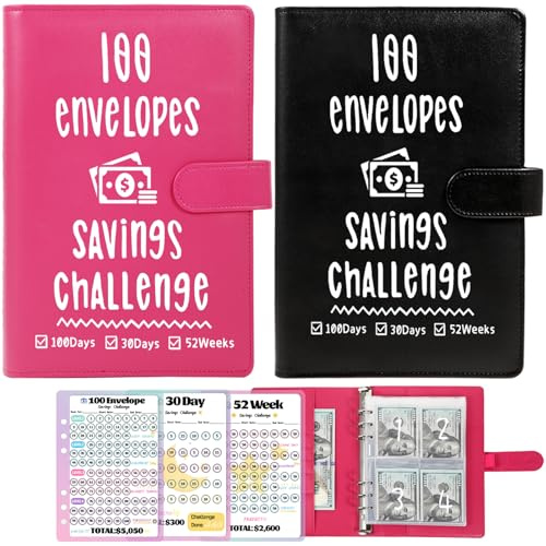 2 Pack 100 Envelopes Money Saving Challenge, Cash Budget Planner A5 Binder, Savings Challenges Book Organizer Folder, with 3 Tracker to Save $5,050 and $2,600, $300, 100 Pre-numbered Pockets, Black & Red