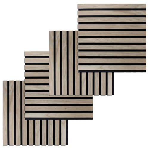 PROVISTON Lot de 4 panneaux muraux acoustiques 3D, 400 x 21 x 400 mm, chêne naturel, plaqués, lamelles en bois MDF, surface en feutre comme matériau de support