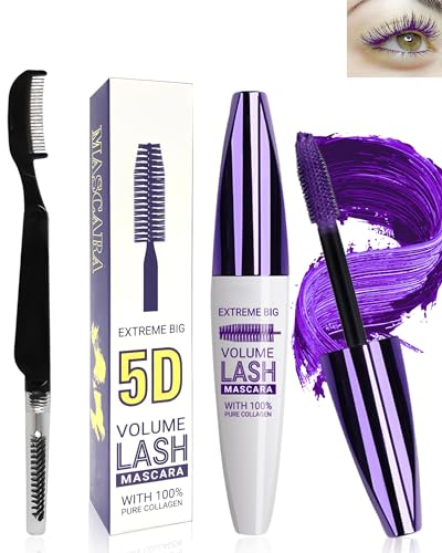 5D Lila Seidenfaser Wimpern Wimpernmel Wasserfest mit Wimpernkammbürste,Purple Telescopic Waterproof Colored Mascara,verlängerndes,Voluminöses,Langlebiges,Cosplay Party bunt Augen Makeup-05Violett
