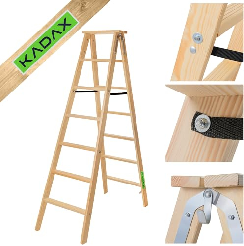 KADAX Échelle en Bois, Escabeau Pliante avec Crochet en Acier - 7 Marches