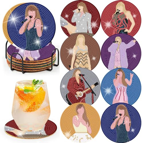 Clendo Pop Star Diamond Painting Coasters Kits for Adults, 8PCS Pop Diamond Art Coaster Kits with Holder, Small Diamond Painting Kits for Adults & Kids Art Craft Supplies, Bdwy041