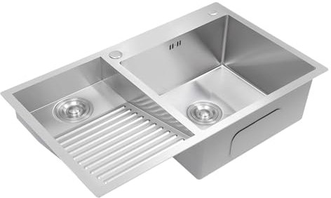 Lavabo à linge, en acier inoxydable, avec tamis d'évier et planche à laver, 80 x 48 cm, encastrable, avec 2 bacs, évier de cuisine, lavabo ménager, pour buanderie, balcon