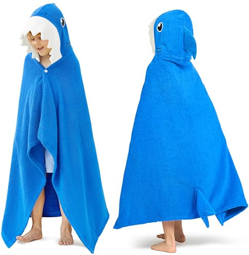 Joiedomi Toalla con capucha de tiburón de 127 x 77 cm para niños - Toalla de baño de algodón suave -para niños de 3 a 10 años - Toalla de piscina con capucha - Poncho absorbente toalla infantil