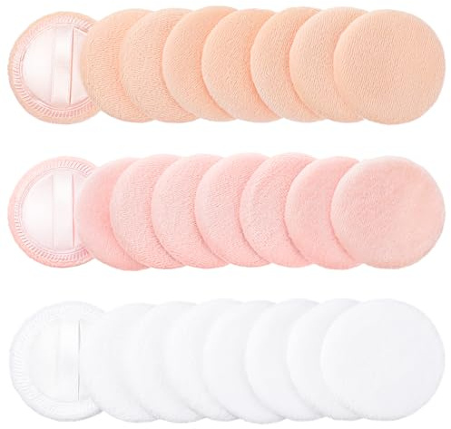Dimeho 24Pcs Powder Puff, Round Face Body Powder Puffs Makeup Velour Puff Pads with Strap for Loose and Pressed Powders Cosmetic Sponge Foundation Makeup Applicators for Women(White/Flesh/Pink)